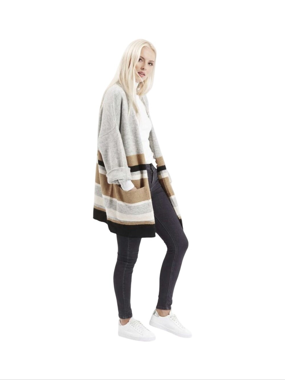 Striped Open-Front Cozy Cardigan Sweater in Gray Tan and Brown Dress Forum *Flaw